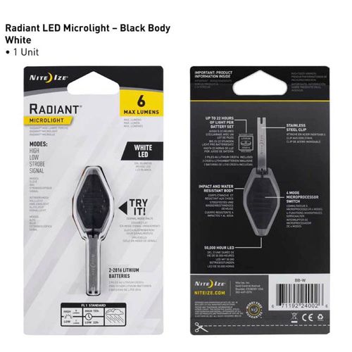 Micro luz led color negro/blanco, 6 lúmenes, de acero inoxidable, cuerpo menor a 2", baterías reemplazables, resistente al agua, alcance de 50 pies
