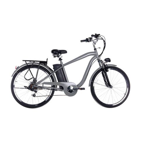 Bicicleta eléctrica Camel gris,autonomía 25-35km,vel máx 30 km/h, aro 26", motor 250W, 6 velocidades,parrilla, freno Vbrake delantero,tambor posterior