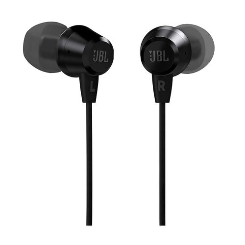 Audífono In ear con micrófono JBLC50HI conector jack en L de 3.5mm, control para llamadas, sonido de bajos impecable, aislamiento de ruido, Negro