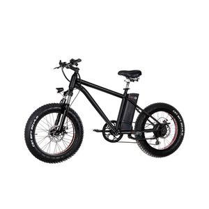 Bicicleta eléctrica Cruiser negra, autonomía 25-35 km, velocidad máxima 30 km/h, llantas de 20"x4", 6 velocidades Shimano, suspensión y luz delantera