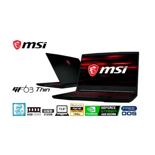 Laptop MSI GF63 THIN 9SCSR,procesador CI5 9G, pantalla 15.6" FHD IPS, 8GB, 512GB SSD,144HZ, tarjeta  GTX1650 TI, FREE SO