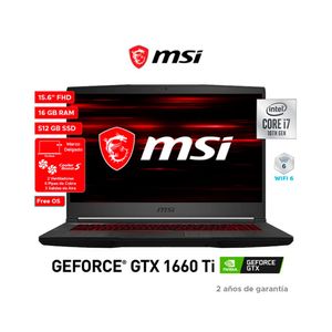 Laptop MSI GF65 THIN 10SDR, Procesador 10 Generación Intel Core i7 Comet lake, Tarjeta Gráfica GeForce GTX 1660 Ti, Pantalla 15.6 FHD,Memoria 16GB RAM