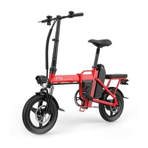 Bicicleta eléctrica plegable FTN T5, roja, vel máx 20-25km/h, autonomía 25-30km, llantas 14", tolerancia 120kg, 350W, doble asiento, recarga 4-5 horas