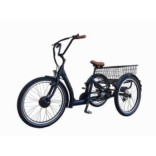 Triciclo eléctrico color azul oscuro,batería de 36V 11.4AH,autonomía 30km,vel máx 25 km/h,250W, llanta delantera de 24"x1.75",posteriores 24"x2.175"