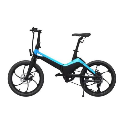 Bicicleta eléctrica Onebot S9, color negro y azul, autonomía 45 km, vel. máx: 25 km/h, llantas de 20", motor 250W, tolerancia 120kg, batería extraíble