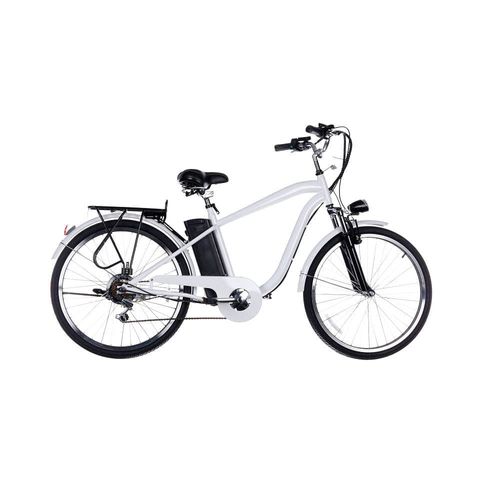 Bicicleta eléctrica Camel blanca, autonomía 25-35km,vel máx 30 km/h, aro 26",motor 250W,6 velocidades,parrilla,freno Vbrake delantero,tambor posterior