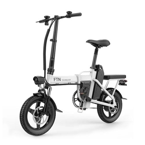 Bicicleta eléctrica plegable FTN T5, blanca, vel máx 20-25km/h, autonomía 25-30km, llantas 14", tolerancia 120kg, 350W, doble asiento, recarga 4-5 hrs