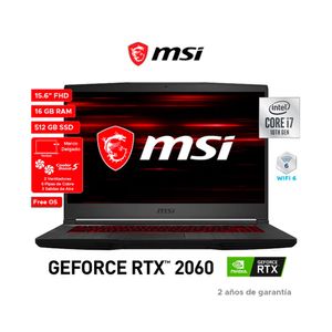 Laptop MSI GF65 THIN 10SER, Procesador 10 Generación Intel Core i7 Comet lake, Tarjeta Gráfica GeForce RTX 2060, Pantalla 15.6 FHD, Memoria 16GB RAM