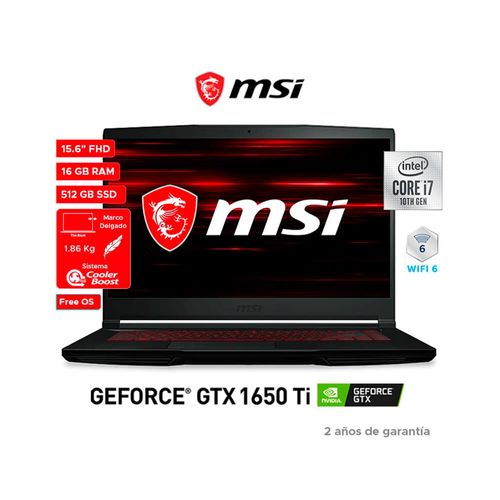 Laptop MSI GF63 THIN 10SCXR, Procesador 10 Generación Intel Core i7 Comet lake,Tarjeta Gráfica GeForce GTX 1650 Ti, Pantalla 15.6 FHD,Memoria 16GB RAM